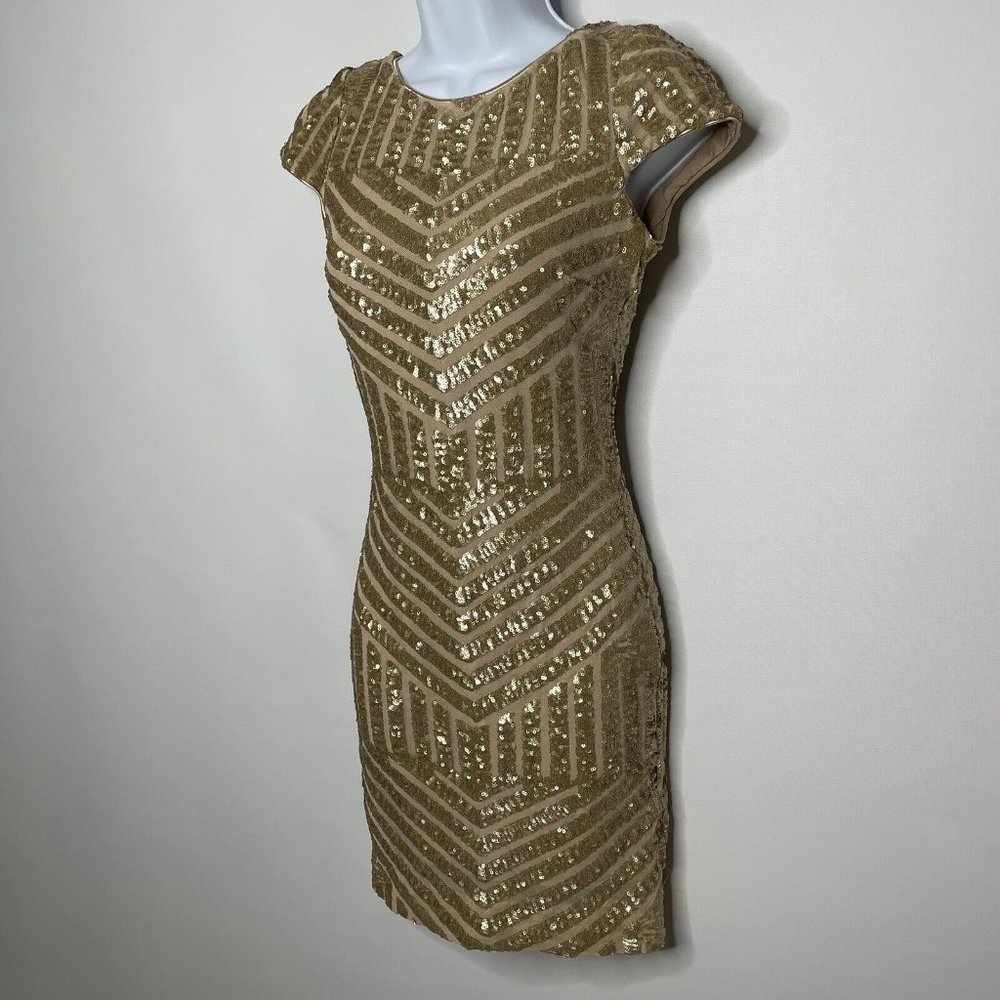 Dress The Population Tabitha Gold Sequin Mesh Art Deco Mini Dress - Picture 7 of 8